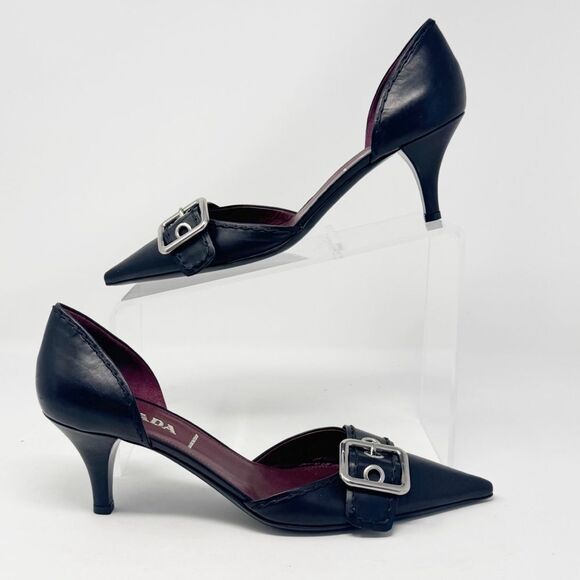 PRADA | Black Leather Heels with Silver Buckle D’Orsay Pumps Women’s Size 39 - Picture 1 of 12